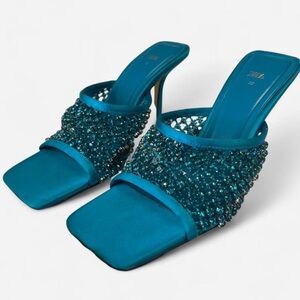 Zara Blue Gem-Embellished Women's Slide Heels